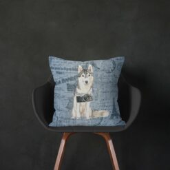 Siberian Husky dog Inspired Denim Style Throw Pillow Cushion - Travel collection 14 Adventure is out there cushion Siberian Husky Faded Ephemera Denim black chair