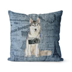 Siberian Husky dog Inspired Denim Style Throw Pillow Cushion - Travel collection