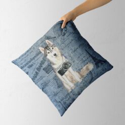 Siberian Husky dog Inspired Denim Style Throw Pillow Cushion - Travel collection 13 Adventure is out there cushion Siberian Husky Faded Ephemera Denim holding in hand