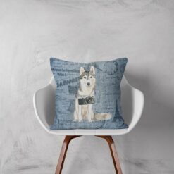 Siberian Husky dog Inspired Denim Style Throw Pillow Cushion - Travel collection 12 Adventure is out there cushion Siberian Husky Faded Ephemera Denim white chair