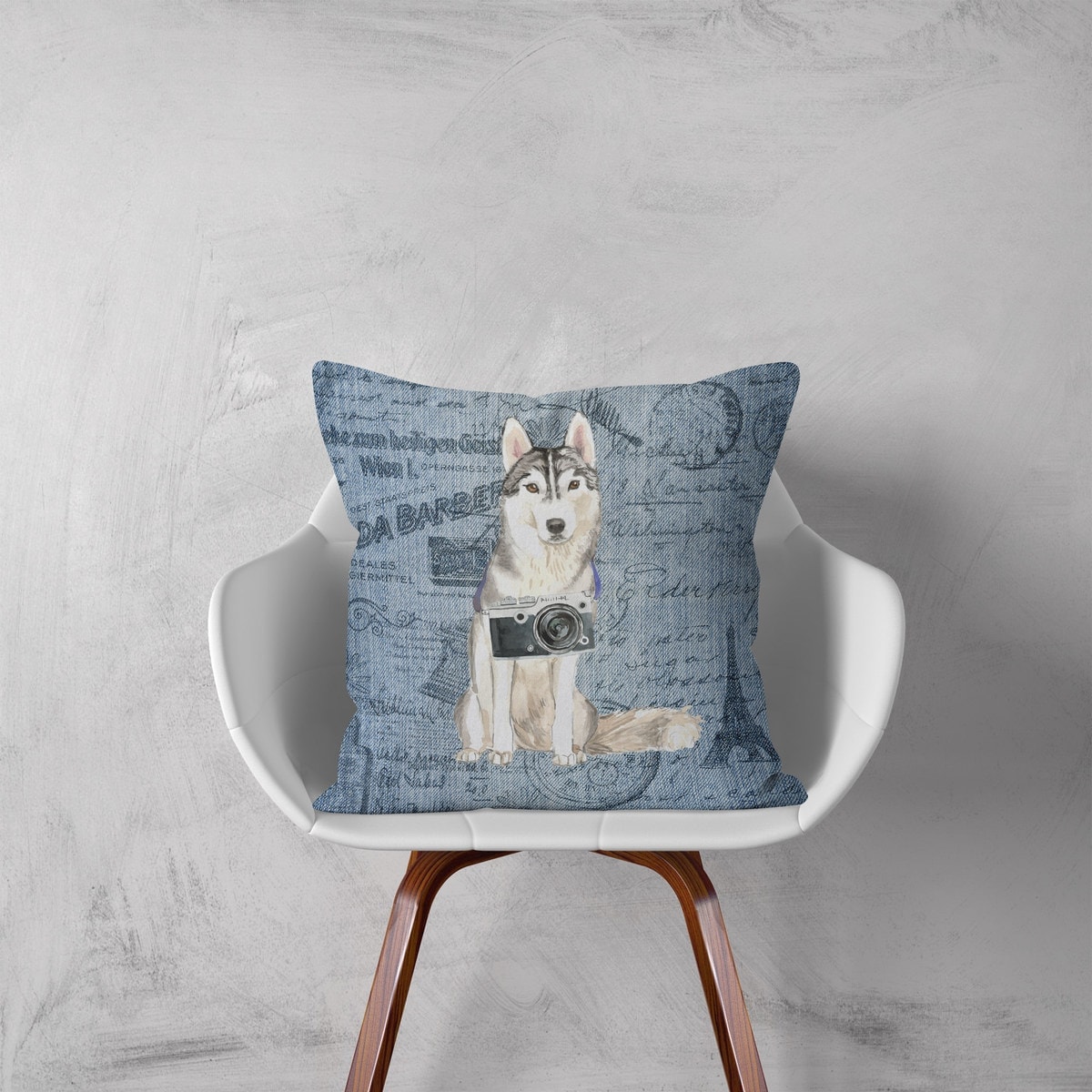 Siberian Husky dog Inspired Denim Style Throw Pillow Cushion - Travel collection 3 Siberian Husky dog Inspired Denim Style Throw Pillow Cushion - Travel collection - Image 2