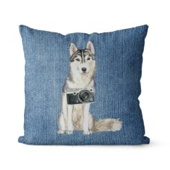 Siberian Husky dog Inspired Denim Style Throw Pillow Cushion - Travel collection 16 Adventure is out there cushion Siberian Husky Gently Faded Denim front view