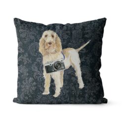 Adventure is out there cushion Spinone Italiano Dark Damask Denim front view