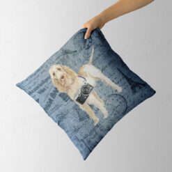Adventure is out there cushion Spinone Italiano Faded Ephemera Denim holding in hand