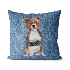 Staffordshire Bull Terrier dog Inspired Denim Style Throw Pillow Cushion - Travel collection 18 Adventure is out there cushion Staffordshire Bull Terrier Bleached Damask Denim front view