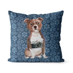 Staffordshire Bull Terrier dog Inspired Denim Style Throw Pillow Cushion - Travel collection 17 Adventure is out there cushion Staffordshire Bull Terrier Daisy Denim front view