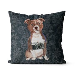 Staffordshire Bull Terrier dog Inspired Denim Style Throw Pillow Cushion - Travel collection 16 Adventure is out there cushion Staffordshire Bull Terrier Dark Damask Denim front view