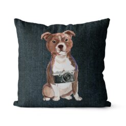 Staffordshire Bull Terrier dog Inspired Denim Style Throw Pillow Cushion - Travel collection 15 Adventure is out there cushion Staffordshire Bull Terrier Dark Denim front view