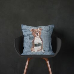 Staffordshire Bull Terrier dog Inspired Denim Style Throw Pillow Cushion - Travel collection 13 Adventure is out there cushion Staffordshire Bull Terrier Faded Ephemera Denim black chair