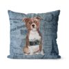 Staffordshire Bull Terrier dog Inspired Denim Style Throw Pillow Cushion - Travel collection 2 Adventure is out there cushion Staffordshire Bull Terrier Faded Ephemera Denim front view