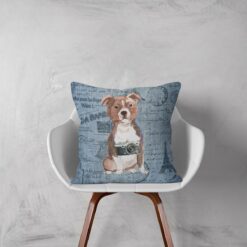 Staffordshire Bull Terrier dog Inspired Denim Style Throw Pillow Cushion - Travel collection 11 Adventure is out there cushion Staffordshire Bull Terrier Faded Ephemera Denim white chair