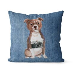 Staffordshire Bull Terrier dog Inspired Denim Style Throw Pillow Cushion - Travel collection 14 Adventure is out there cushion Staffordshire Bull Terrier Gently Faded Denim front view