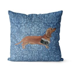 Adventure is out there cushion Tan Dachshund Bleached Damask Denim front view