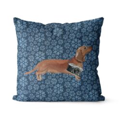 Adventure is out there cushion Tan Dachshund Daisy Denim front view