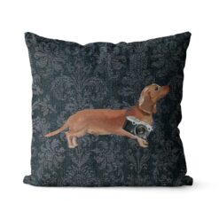Adventure is out there cushion Tan Dachshund Dark Damask Denim front view