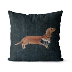 Adventure is out there cushion Tan Dachshund Dark Denim front view