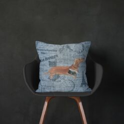 Adventure is out there cushion Tan Dachshund Faded Ephemera Denim black chair