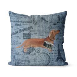 Tan Dachshund dog Inspired Denim Style Throw Pillow Cushion - Travel collection