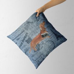 Adventure is out there cushion Tan Dachshund Faded Ephemera Denim holding in hand