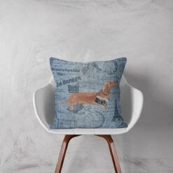 Adventure is out there cushion Tan Dachshund Faded Ephemera Denim white chair