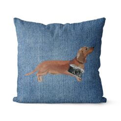 Adventure is out there cushion Tan Dachshund Gently Faded Denim front view