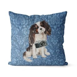 Tri colour King Charles Spaniel dog Inspired Denim Style Throw Pillow Cushion - Travel collection 18 Adventure is out there cushion Tri colour King Charles Spaniel Bleached Damask Denim front view