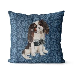 Tri colour King Charles Spaniel dog Inspired Denim Style Throw Pillow Cushion - Travel collection 17 Adventure is out there cushion Tri colour King Charles Spaniel Daisy Denim front view