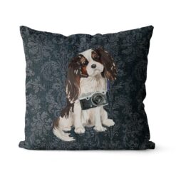 Tri colour King Charles Spaniel dog Inspired Denim Style Throw Pillow Cushion - Travel collection 16 Adventure is out there cushion Tri colour King Charles Spaniel Dark Damask Denim front view