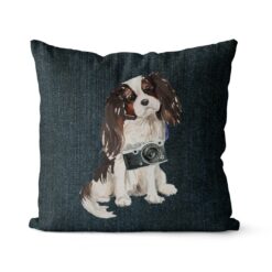 Tri colour King Charles Spaniel dog Inspired Denim Style Throw Pillow Cushion - Travel collection 15 Adventure is out there cushion Tri colour King Charles Spaniel Dark Denim front view