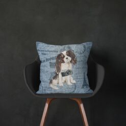 Tri colour King Charles Spaniel dog Inspired Denim Style Throw Pillow Cushion - Travel collection 13 Adventure is out there cushion Tri colour King Charles Spaniel Faded Ephemera Denim black chair