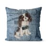 Tri colour King Charles Spaniel dog Inspired Denim Style Throw Pillow Cushion - Travel collection 2 Adventure is out there cushion Tri colour King Charles Spaniel Faded Ephemera Denim front view