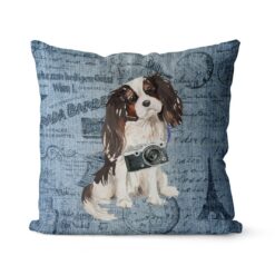 Tri colour King Charles Spaniel dog Inspired Denim Style Throw Pillow Cushion - Travel collection
