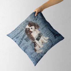 Tri colour King Charles Spaniel dog Inspired Denim Style Throw Pillow Cushion - Travel collection 12 Adventure is out there cushion Tri colour King Charles Spaniel Faded Ephemera Denim holding in hand