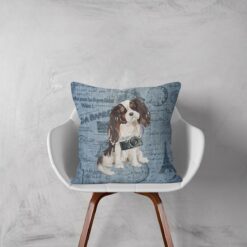 Tri colour King Charles Spaniel dog Inspired Denim Style Throw Pillow Cushion - Travel collection 11 Adventure is out there cushion Tri colour King Charles Spaniel Faded Ephemera Denim white chair