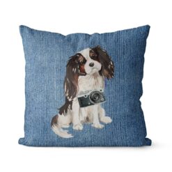 Tri colour King Charles Spaniel dog Inspired Denim Style Throw Pillow Cushion - Travel collection 14 Adventure is out there cushion Tri colour King Charles Spaniel Gently Faded Denim front view