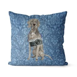 Weimaraner dog Inspired Denim Style Throw Pillow Cushion - Travel collection 18 Adventure is out there cushion Weimaraner Bleached Damask Denim front view