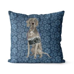 Weimaraner dog Inspired Denim Style Throw Pillow Cushion - Travel collection 17 Adventure is out there cushion Weimaraner Daisy Denim front view