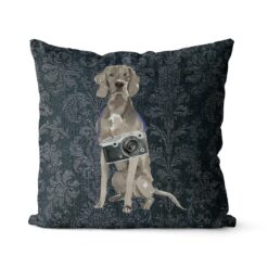 Weimaraner dog Inspired Denim Style Throw Pillow Cushion - Travel collection 16 Adventure is out there cushion Weimaraner Dark Damask Denim front view