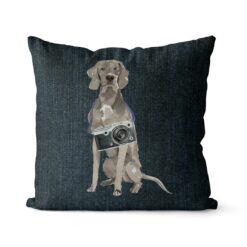 Weimaraner dog Inspired Denim Style Throw Pillow Cushion - Travel collection 15 Adventure is out there cushion Weimaraner Dark Denim front view