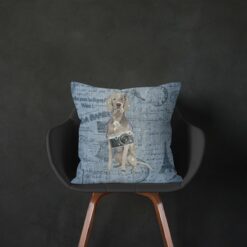 Weimaraner dog Inspired Denim Style Throw Pillow Cushion - Travel collection 13 Adventure is out there cushion Weimaraner Faded Ephemera Denim black chair