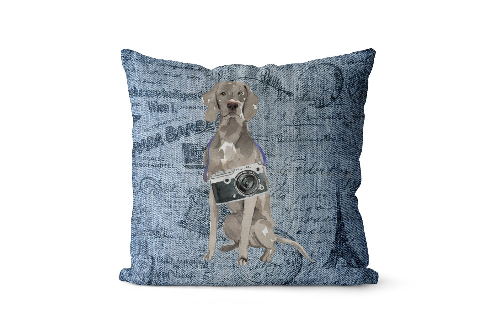Weimaraner dog Inspired Denim Style Throw Pillow Cushion - Travel collection 2 Weimaraner dog Inspired Denim Style Throw Pillow Cushion - Travel collection