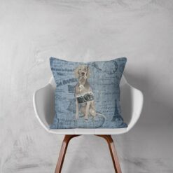 Weimaraner dog Inspired Denim Style Throw Pillow Cushion - Travel collection 11 Adventure is out there cushion Weimaraner Faded Ephemera Denim white chair