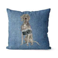 Weimaraner dog Inspired Denim Style Throw Pillow Cushion - Travel collection 14 Adventure is out there cushion Weimaraner Gently Faded Denim front view