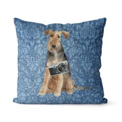 Adventure is out there cushion Welsh Terrier Bleached Damask Denim front view