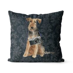 Adventure is out there cushion Welsh Terrier Dark Damask Denim front view