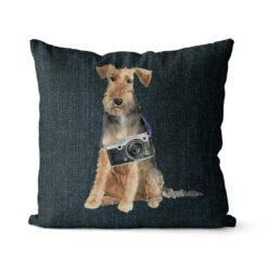 Adventure is out there cushion Welsh Terrier Dark Denim front view