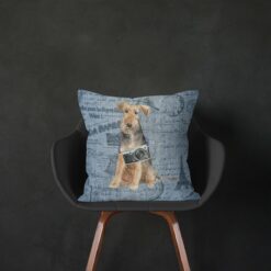 Adventure is out there cushion Welsh Terrier Faded Ephemera Denim black chair