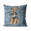 Welsh Terrier dog Inspired Denim Style Throw Pillow Cushion - Travel collection 2 Adventure is out there cushion Welsh Terrier Faded Ephemera Denim front view