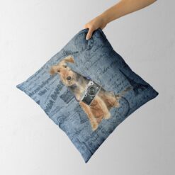 Adventure is out there cushion Welsh Terrier Faded Ephemera Denim holding in hand