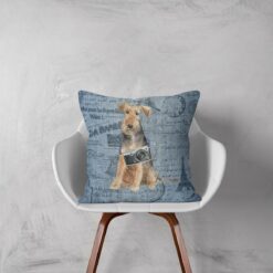 Adventure is out there cushion Welsh Terrier Faded Ephemera Denim white chair